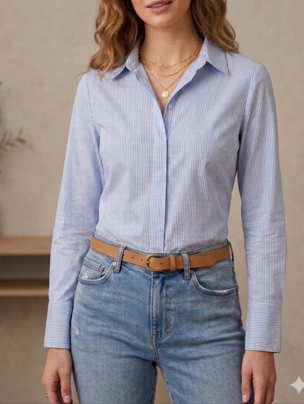 Halogen Blue White Striped Blouse XS Hidden Button